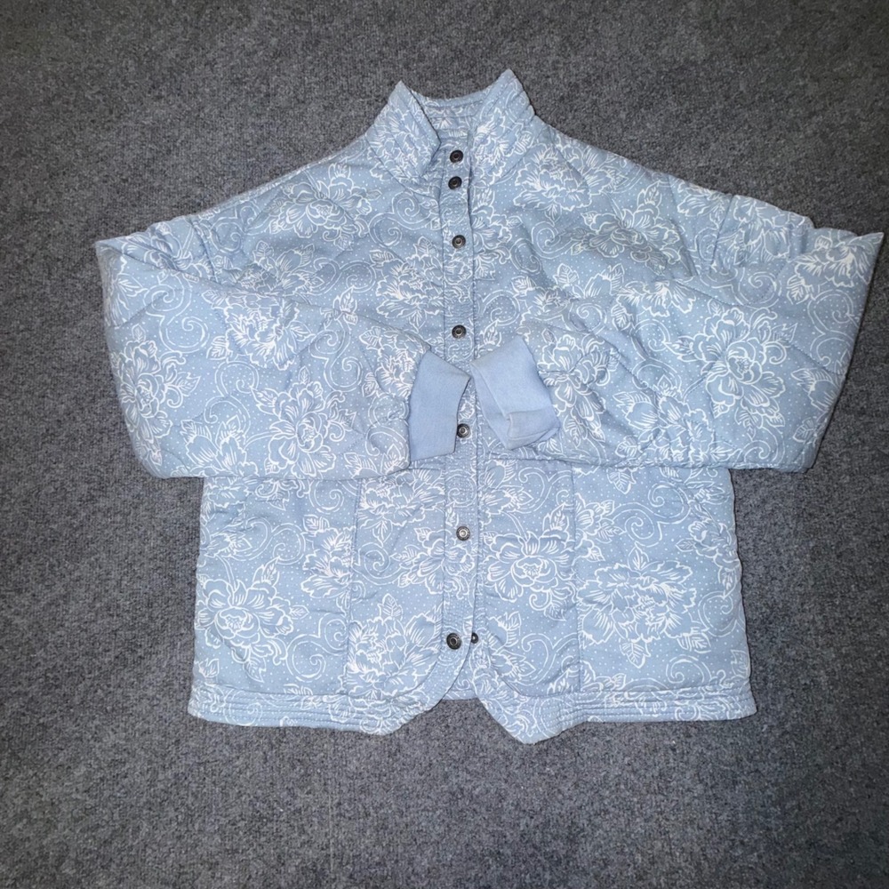Kensie Women's Blue Floral Quilted Snap Front Jacket Mock Neck Cottagecore L